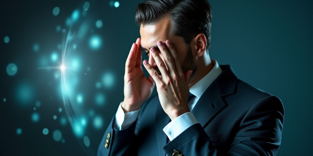 a man in a suit and tie holding his hand to his face with both hands and a finger on his temple, Est