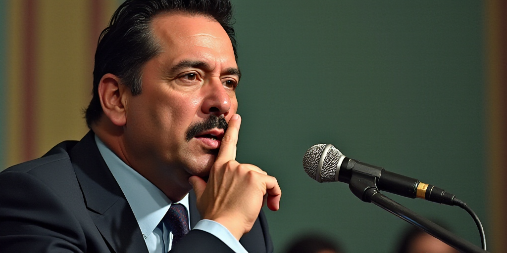 a man in a suit and tie holding his finger up to his mouth while sitting in front of a microphone, C