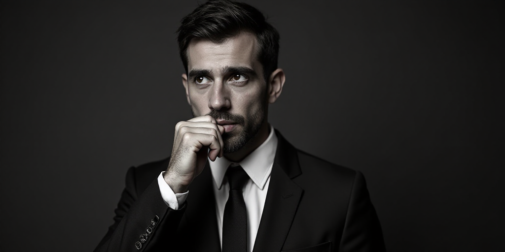 a man in a suit and tie is looking away from the camera with his hand on his chin and his hand to hi
