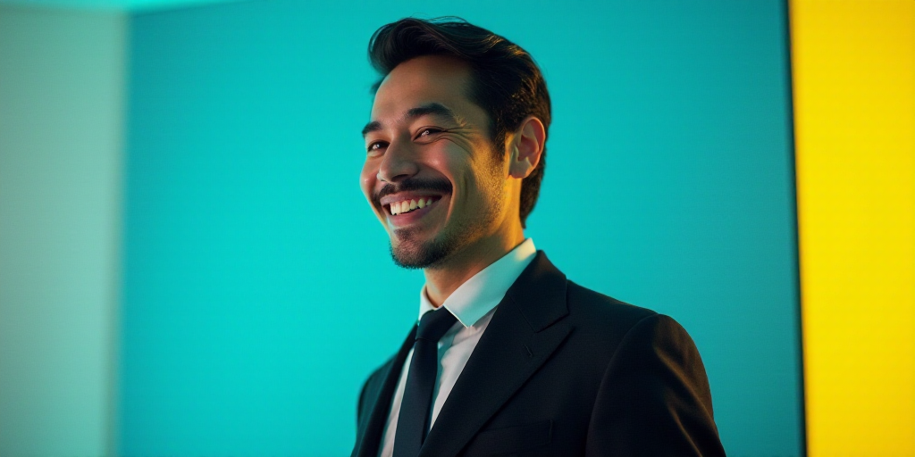 a man in a suit and tie is smiling for a picture with a blue background and a yellow border, Edward