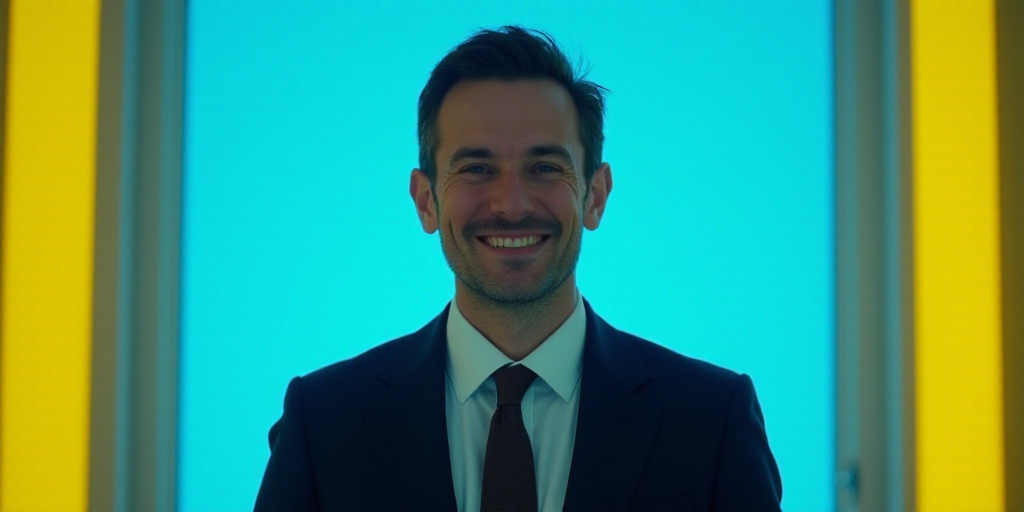 a man in a suit and tie is smiling for a picture with a blue background and a yellow border, Edward