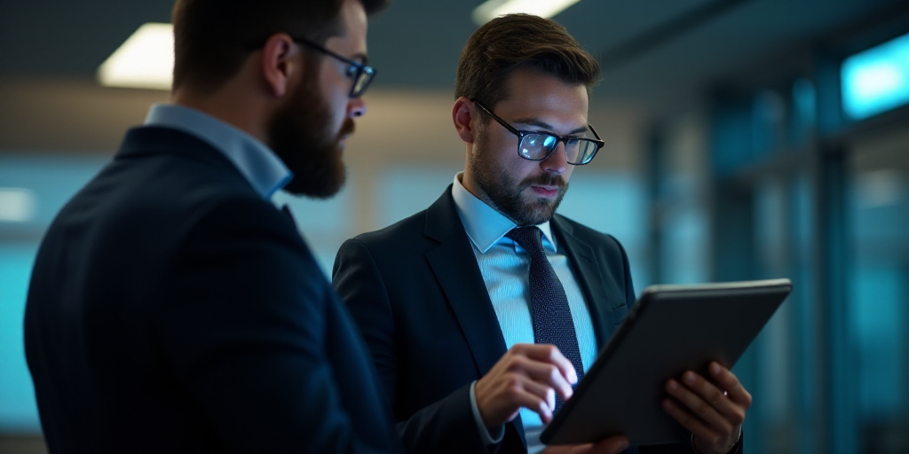 a man in a suit and tie looking at a tablet screen while another man in a suit looks at a tablet scr