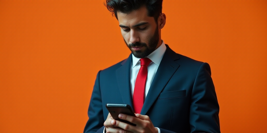 a man in a suit and tie looking down at his cell phone while wearing a red tie and a blue jacket, Do