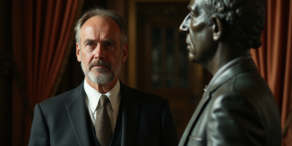 a man in a suit and tie looking at something off camera with a serious look on his face and a curtai
