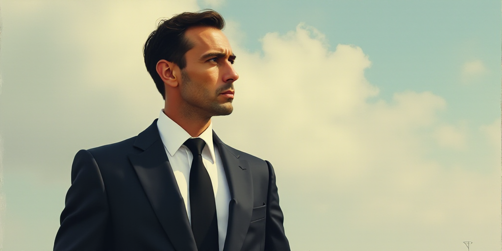 a man in a suit and tie looking off into the distance with a serious look on his face and shoulder,