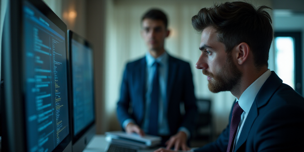 a man in a suit and tie looking at a computer screen with another man in a suit and tie, Andries Sto