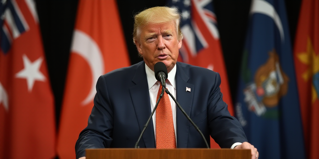 a man in a suit and tie making a speech at a podium with flags behind him and a microphone in front