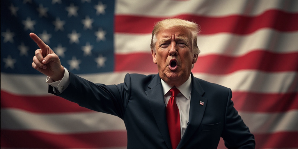 a man in a suit and tie making a point with his finger in front of a flag of the united states, Estu