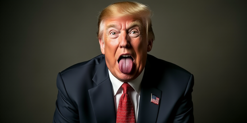 a man in a suit and tie making a face with his tongue out and a flag on his lapel, Donald Roller Wil