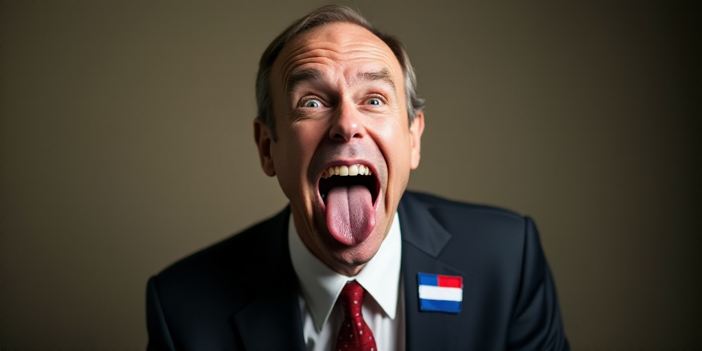 a man in a suit and tie making a face with his tongue out and a flag on his lapel, Donald Roller Wil