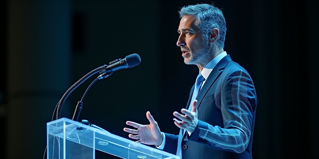 a man in a suit and tie making a speech with his hands up in front of him and a microphone in front