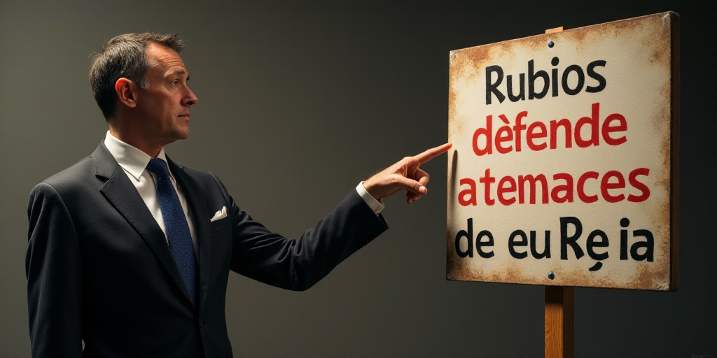 a man in a suit and tie pointing at a sign with the words rubio defende ataques de eu, Aquirax Uno,