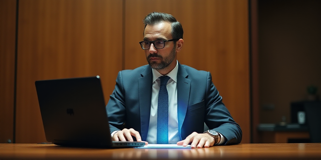 a man in a suit and tie sitting at a table with a laptop computer in front of him and a wooden wall