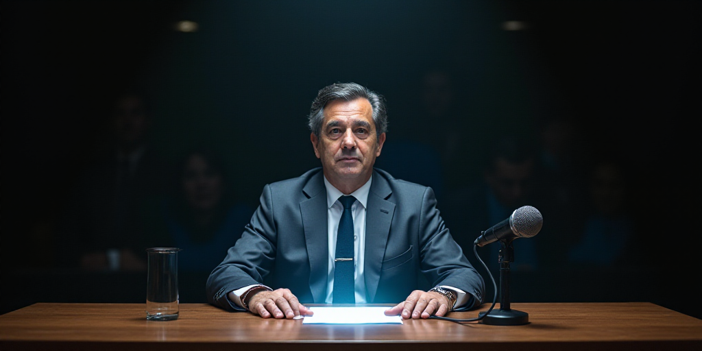 a man in a suit and tie sitting at a table with a microphone in front of him and a microphone in fro