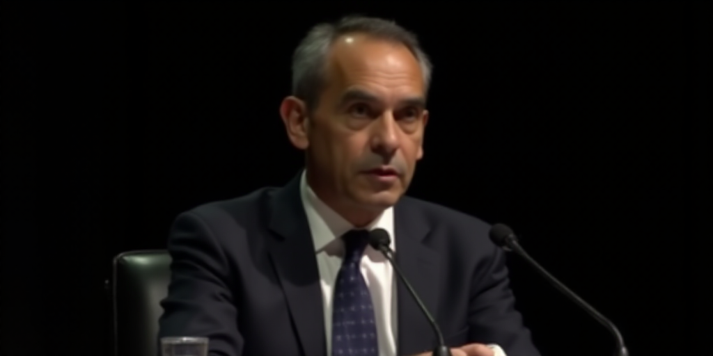 a man in a suit and tie sitting at a table with a microphone in front of him and a black background,