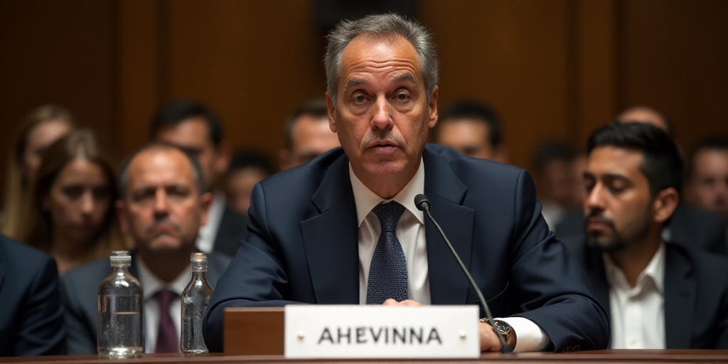 a man in a suit and tie sitting at a table with a microphone in front of him and people behind him,