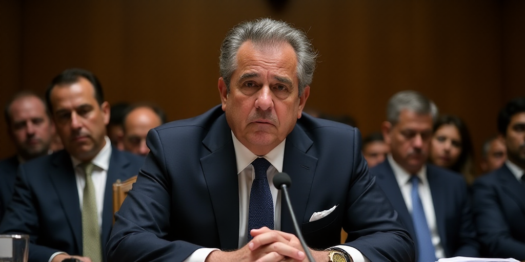 a man in a suit and tie sitting at a table with microphones in front of him and other people in suit