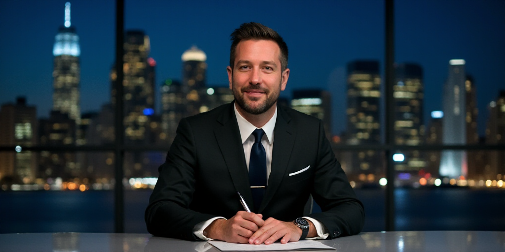 a man in a suit and tie sitting at a desk in front of a city skyline at night with a pen and paper,