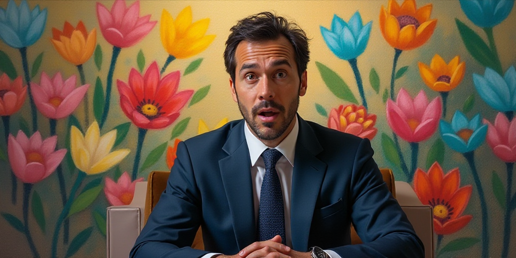 a man in a suit and tie sitting in front of a painting of a colorful flowered background and a surpr