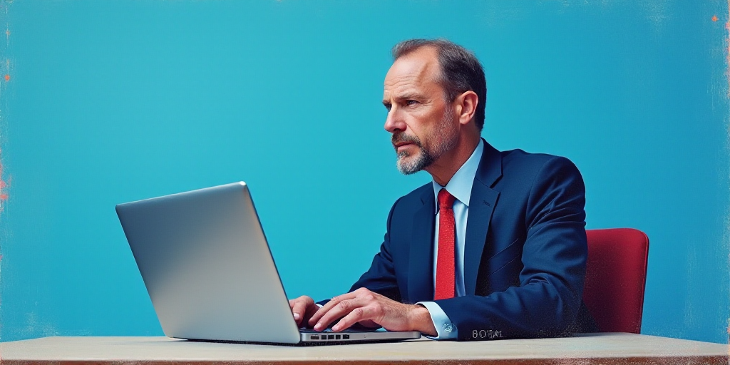 a man in a suit and tie sitting at a table with a laptop computer in front of him and a blue backgro
