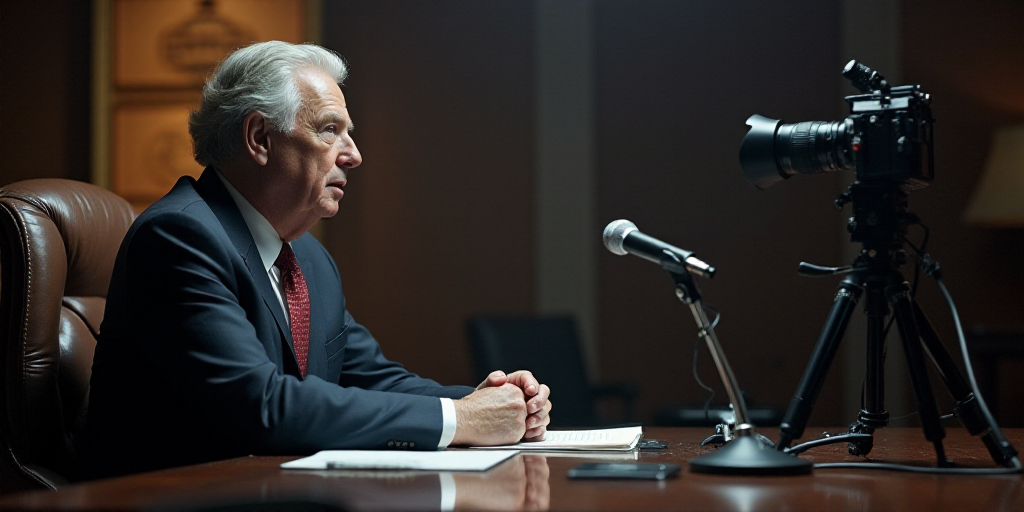 a man in a suit and tie sitting at a table with a microphone in front of him and a camera in front o