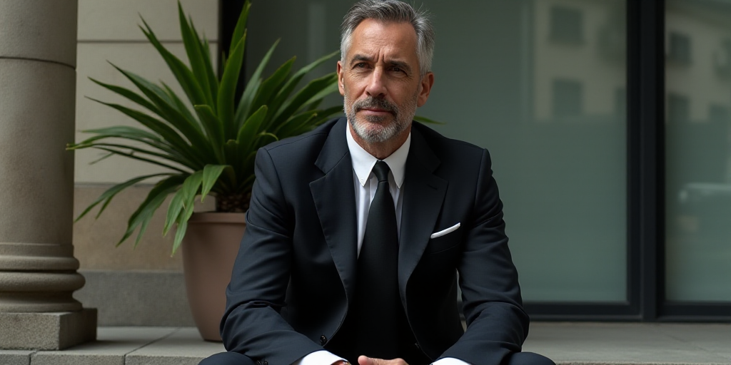 a man in a suit and tie sitting down outside a building with a plant behind him and a window behind