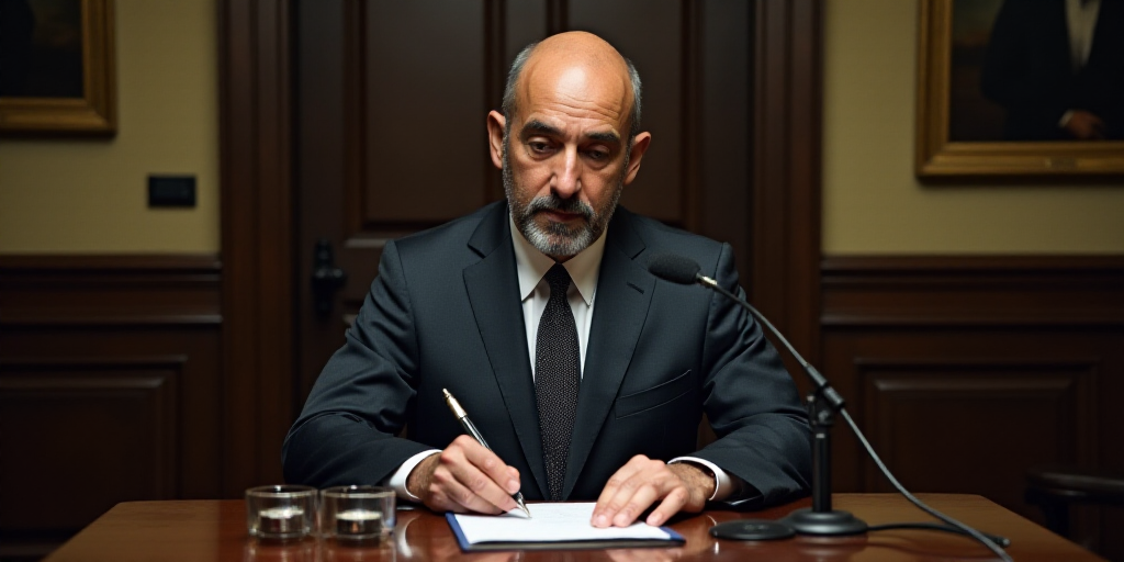 a man in a suit and tie sitting at a table with a microphone in front of him and a microphone in fro
