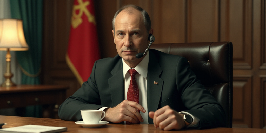 a man in a suit and tie sitting in a chair with a microphone in his ear and a cup of coffee in front