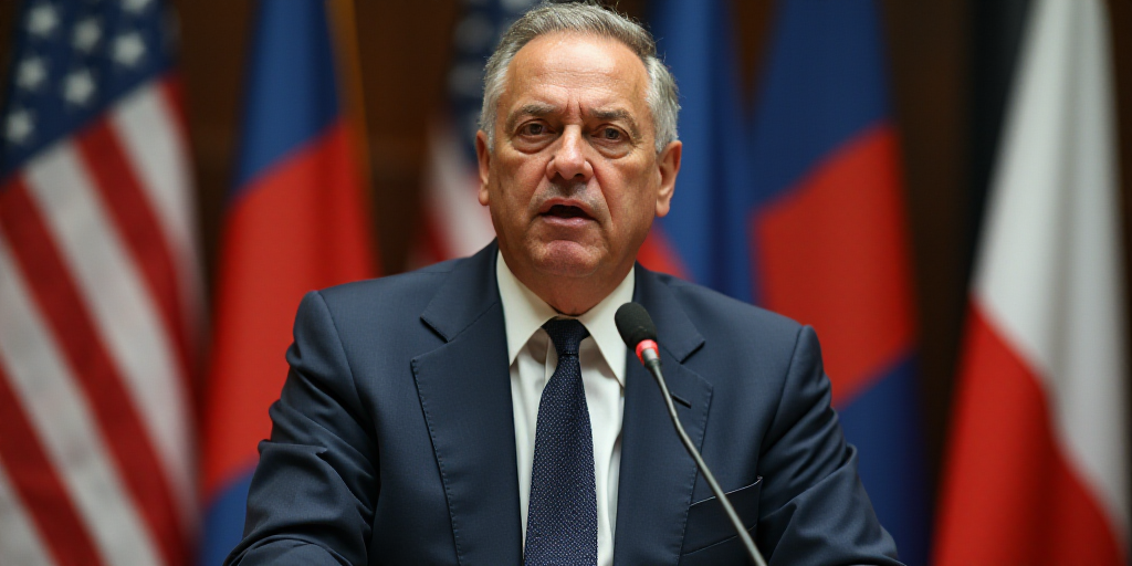 a man in a suit and tie speaking into a microphone with flags behind him and a microphone in front o
