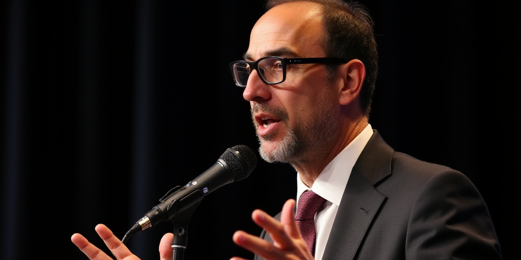 a man in a suit and tie speaking into a microphone with his hands out in front of him and a micropho