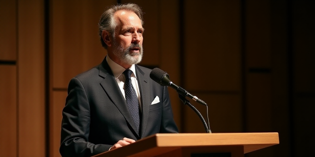 a man in a suit and tie speaking at a podium with a microphone in front of him and a wooden panel be