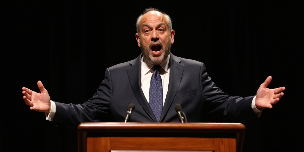 a man in a suit and tie speaking at a podium with his hands out and his hands out to the side, Avigd
