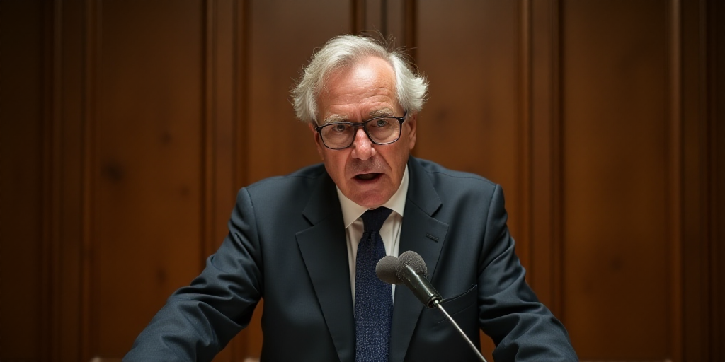 a man in a suit and tie speaking into a microphone with a wooden panel behind him and a wooden panel