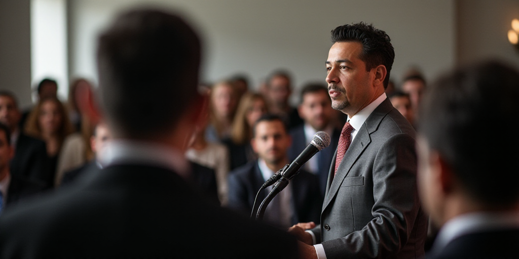 a man in a suit and tie speaking at a podium with a microphone in front of him and a crowd, Arturo R