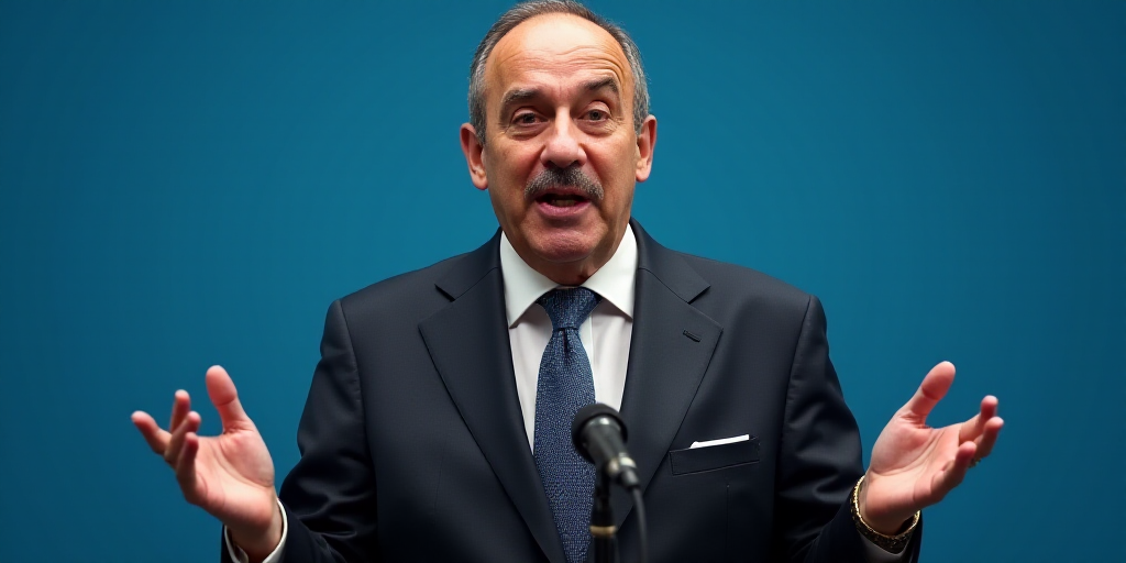 a man in a suit and tie speaking into a microphone with his hands out in front of him and a blue bac