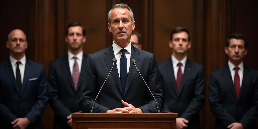 a man in a suit and tie speaking at a podium with other men in suits and ties behind him, André Fra
