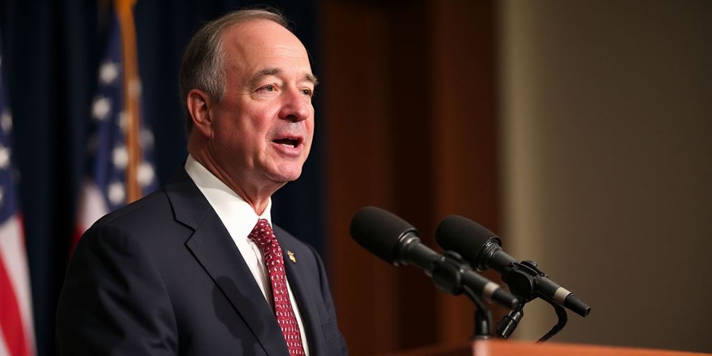 a man in a suit and tie speaking at a podium with a flag in the background and a microphone in the f