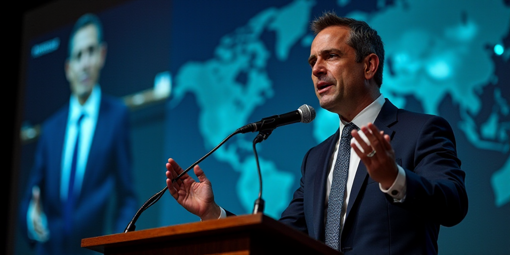a man in a suit and tie speaking into a microphone at a podium with a large screen behind him, Carlo