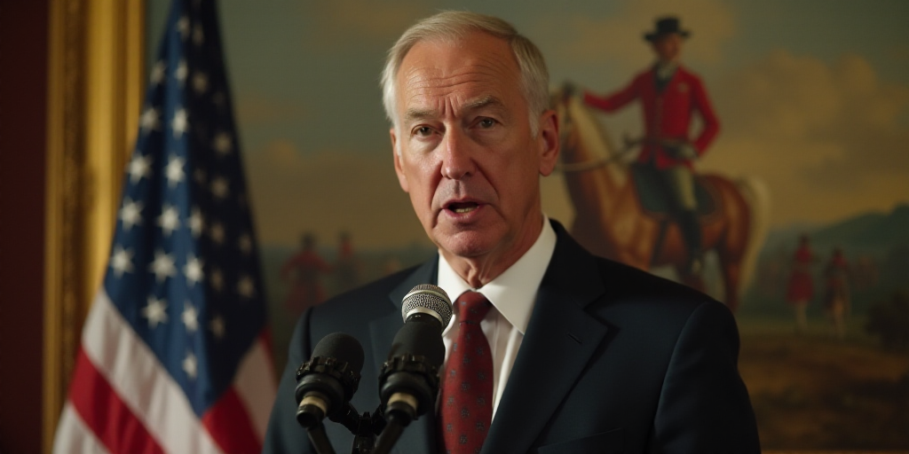 a man in a suit and tie speaking into a microphone in front of a painting of a horse and a flag, Don