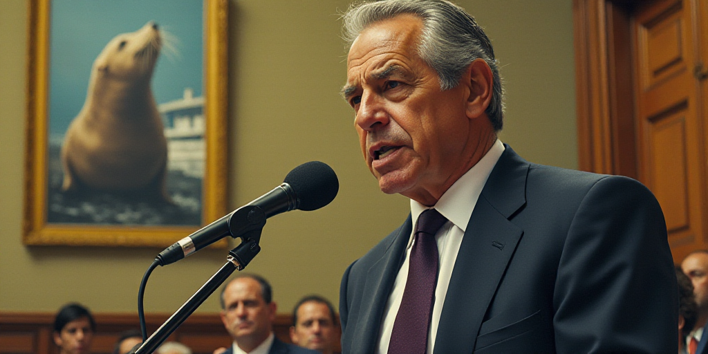 a man in a suit and tie speaking into a microphone with a seal on the wall behind him and a seal on