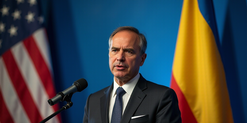 a man in a suit and tie speaking into a microphone with flags behind him and a blue and yellow banne