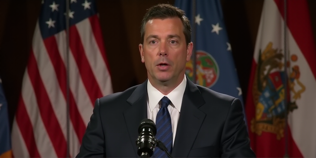 a man in a suit and tie speaking into a microphone in front of flags and a microphone stand with a m