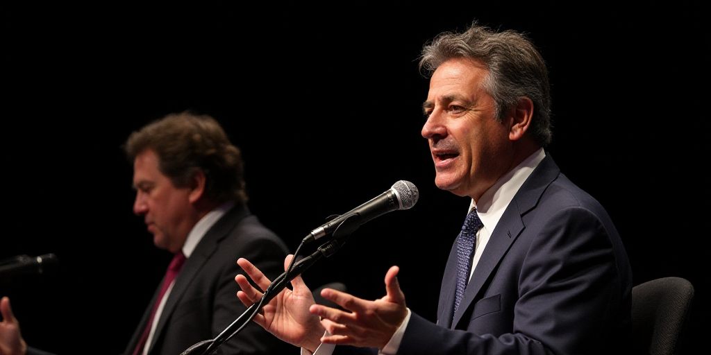 a man in a suit and tie speaking into a microphone with his hands out in front of him and a micropho