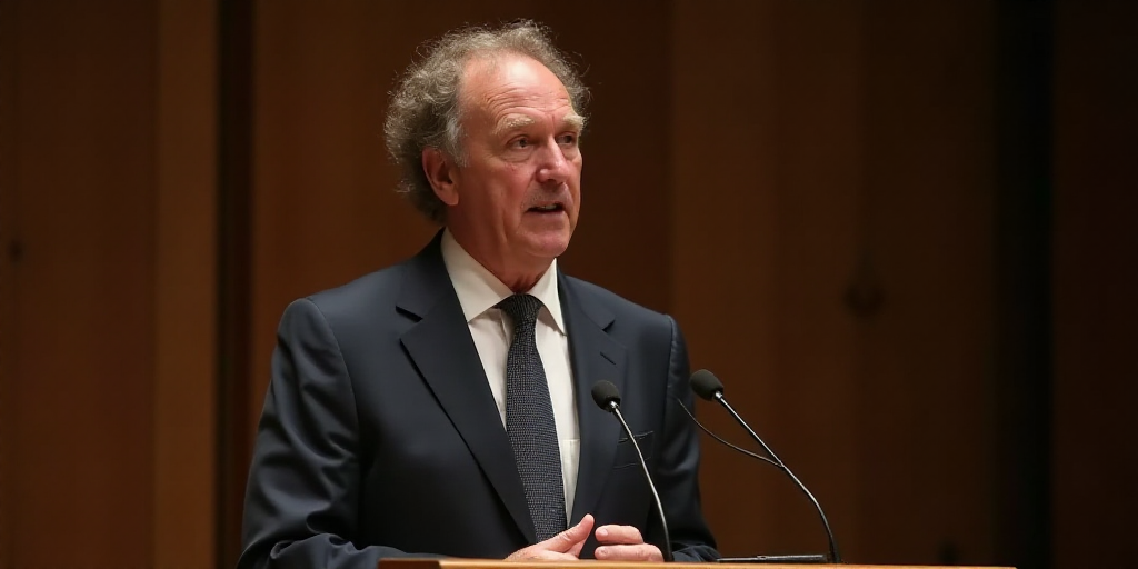 a man in a suit and tie speaking at a podium with a microphone in front of him and a wooden panel be