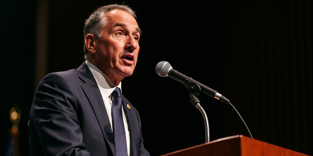 a man in a suit and tie speaking into a microphone at a podium with a microphone in front of him, Da