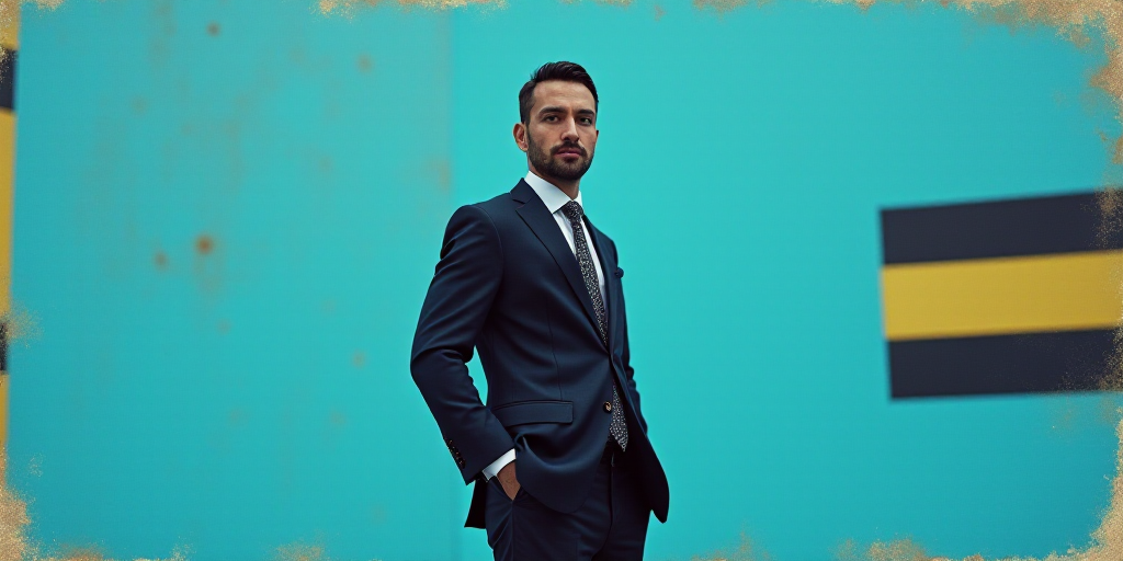 a man in a suit and tie standing in front of a blue background with a black and yellow border, Carlo
