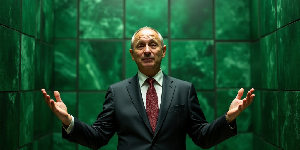 a man in a suit and tie standing in front of a wall of green marbles with his hands out, Boris Vladi