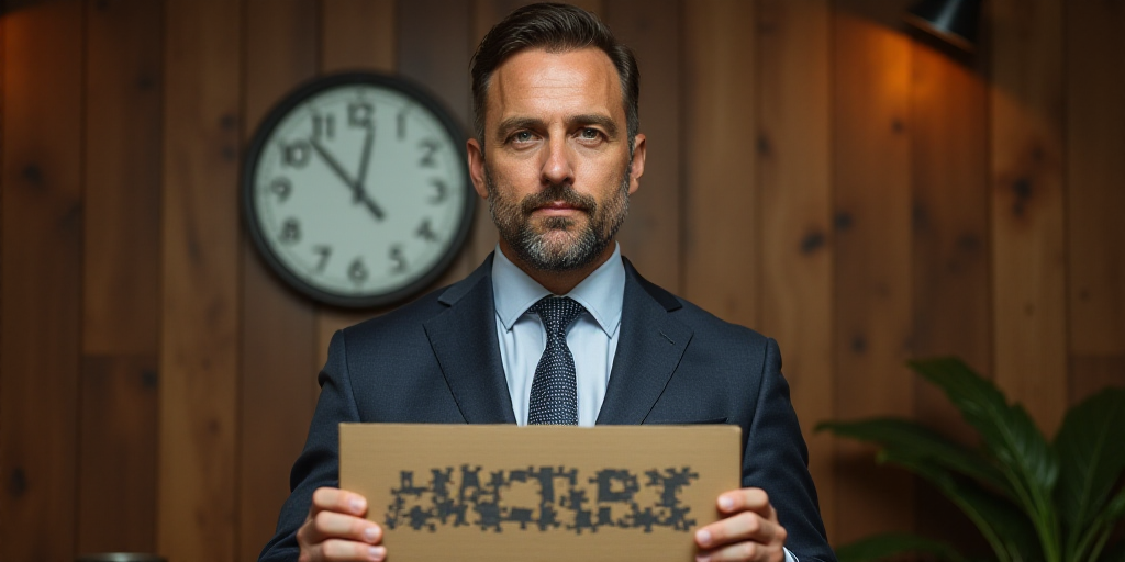 a man in a suit and tie standing behind a sign in front of a wooden wall with a clock, Andries Stock