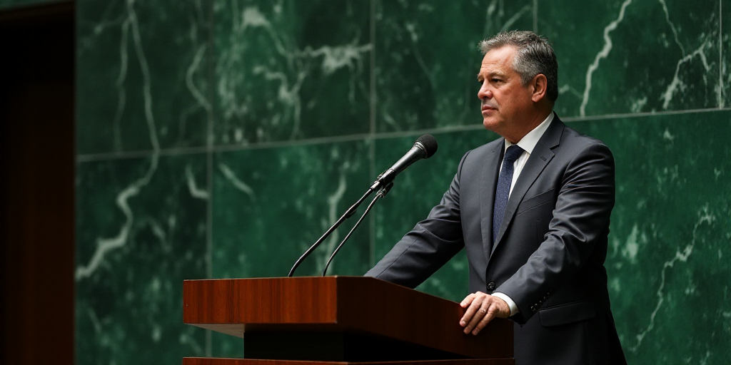 a man in a suit and tie standing at a podium in front of a microphone and a wall of green marble, Ca