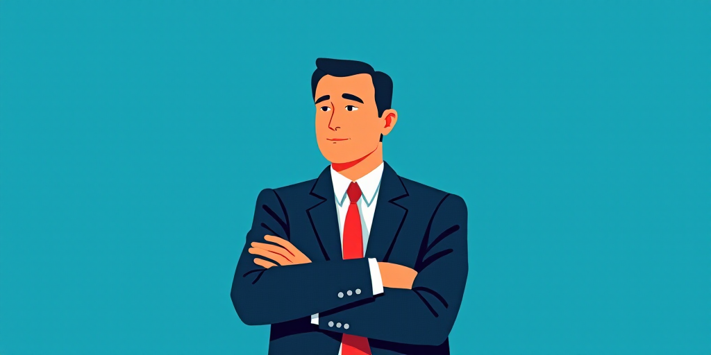 a man in a suit and tie standing with his arms crossed in front of him, with a blue background, Carl